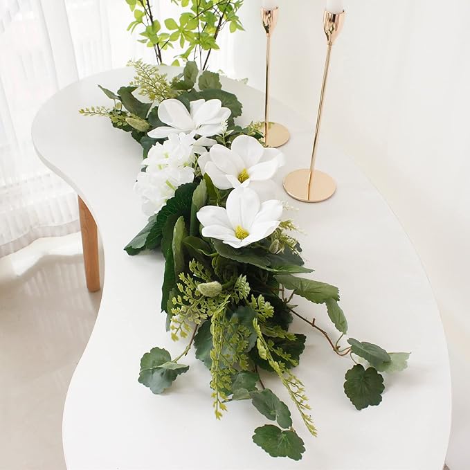 29.5in Artificial Peony Floral Swag, Simulation Mixed Flower Lintel Wall Hanging Faux Floral Swag Wreath with Green Leaves, Wedding Arch Garland for Ceremony Table Centerpiece (Magnolia)