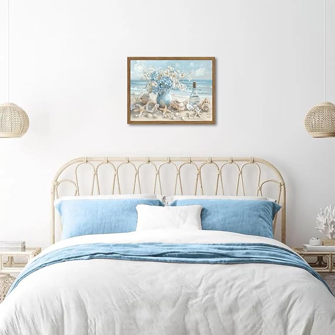 Framed Beach Canvas Wall Art, Blue Coastal Pictures Wall Decor Paintings, Ocean with White Floral Shell Poster Prints, Modern Seascape Artwork Home Decor for Living Room Bathroom 12x16 inch