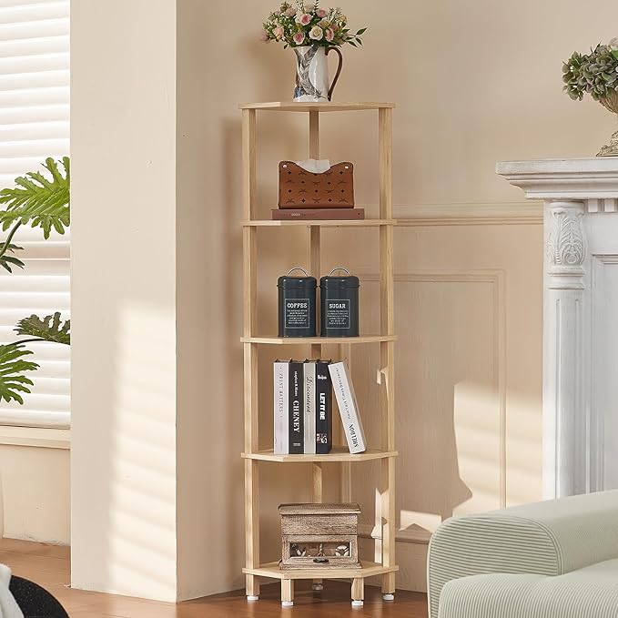 YUFAM 5-Tier Corner Shelf with Sturdy 5-Leg Base, Wooden Corner Bookshelf for Small Spaces, Corner Standing Shelf for Living Room, Bedroom, Bathroom, Natural