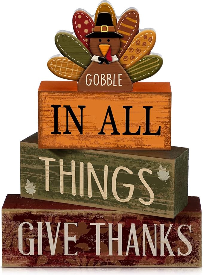 Moucuny 4 Pcs Fall Decorations for Home Wooden Turkey Decor Thanksgiving Tiered Tray Decor Thanksgiving Table Centerpiece Rustic Wooden Gobble Turkey Block Sign for Autumn Harvest Party Kitchen Shelf