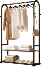 Sturdy metal clothes rack,Black freestanding clothing rack with bottom shelves and 6 side hooks,garment rack for hanging clothes,Modern wardrobe rack for Bedroom or cloakrooms