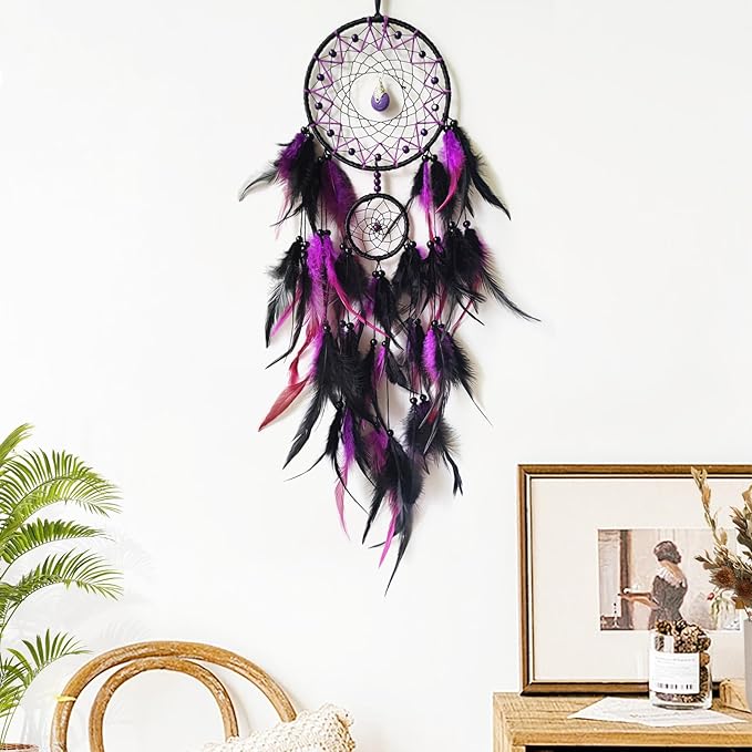 Black and Purple Dream Catcher Wall Decor Feather Dream Catchers with Pendant Handmade Dreamcatcher Wall Hanging Ornament for Bedroom Living Room Home Decor