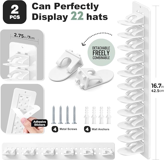 2 Pack Hat Organizer for Baseball Caps, Detachable DIY Hat Rack for Wall Hat Holder Hold up to 22 Hats, Baseball Cap Organizer Cap Holder Hat Hangers for Wall Closet Door Bedroom (C-White)