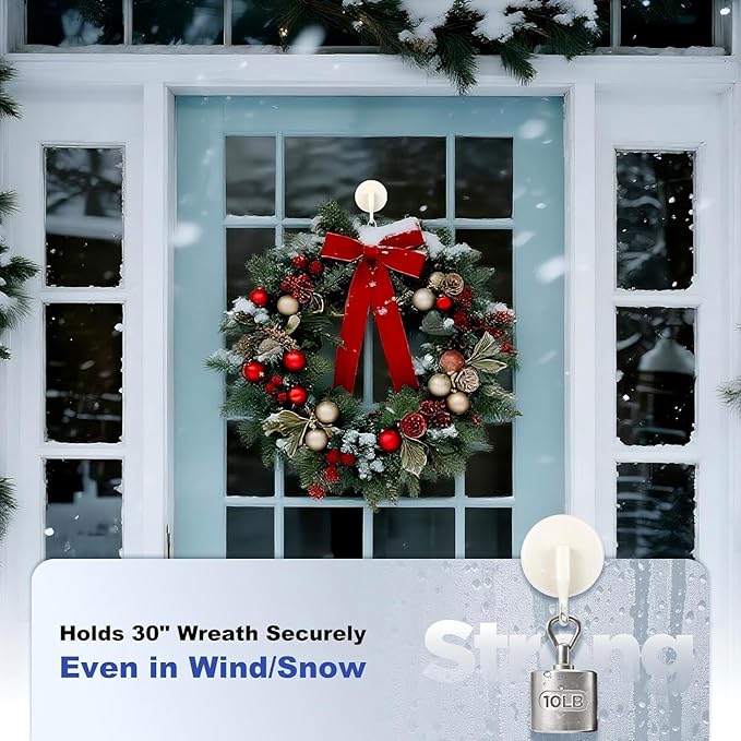 OUTXE Wreath Hanger for Front Door, Upgraded Suction Cup Reef Hook for Glass Window/Over Door, Christmas/Thanksgiving/Halloween/July 4th/Easter/Valentine/Spring/Summer/Fall (White, 2-Pack)