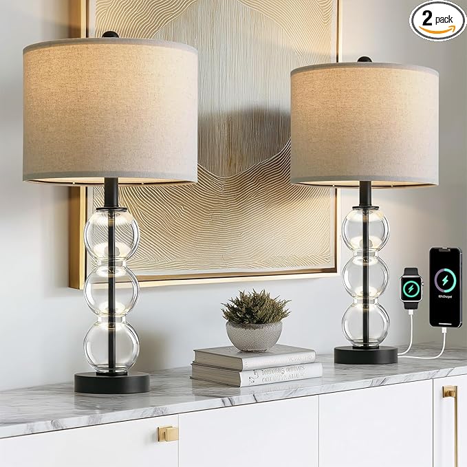 Oneach 25" Glass Table Lamps Set of 2, Black Modern Table Lamps with USB Ports for Living Room, Linen Shade Bedside Lamps for Bedroom, Nightstand, Side Table (Bulbs not Included)