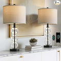 Oneach 25" Glass Table Lamps Set of 2, Black Modern Table Lamps with USB Ports for Living Room, Linen Shade Bedside Lamps for Bedroom, Nightstand, Side Table (Bulbs not Included)