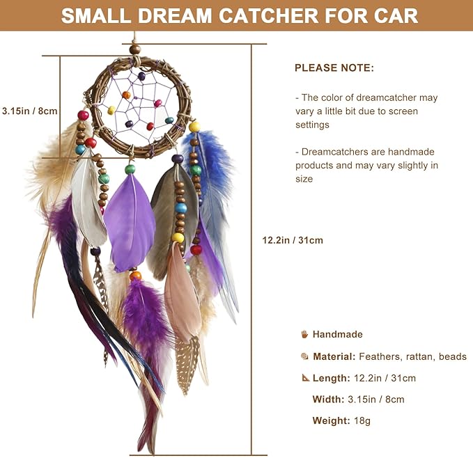 Mini Dream Catcher for Car Rear View Mirror Accessories - Handmade Small Purple Dreamcatchers Boho Car Charm Interior Decor, Native Ameican Indian Ornament