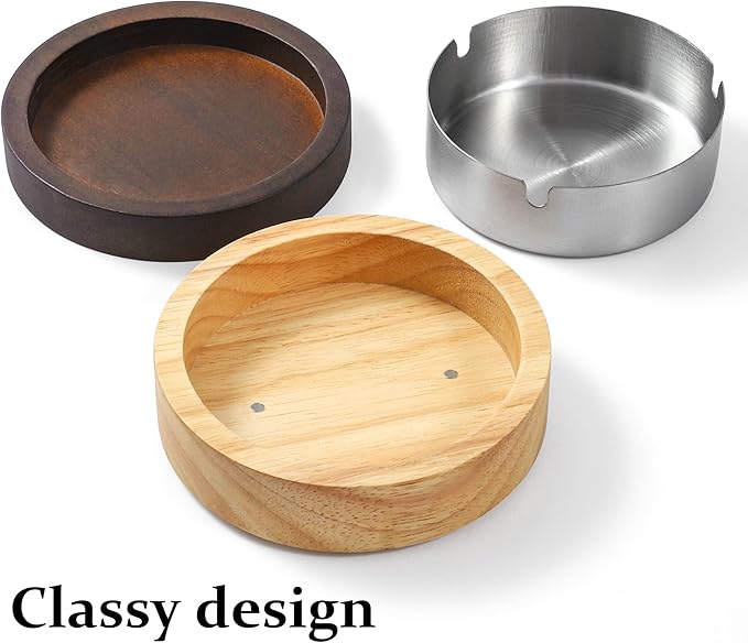 Wooden Ashtray with Stainless Steel Lid - Portable, Windproof, Decorative Ashtray for Home, Patio, Office, Outdoors, Indoor, Parties