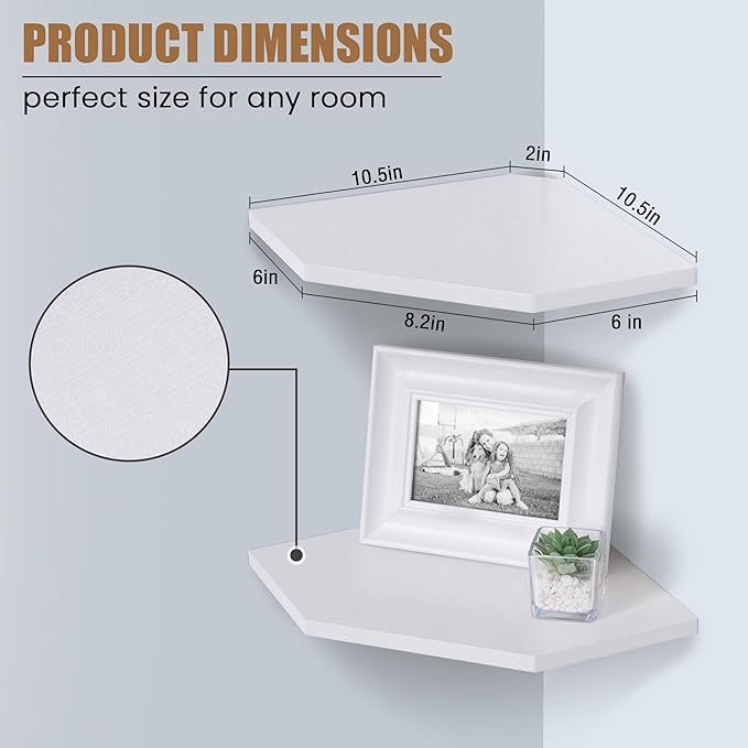 Fun Memories Corner Shelf Wall Mount, Floating Corner Shelves, Set of 2 Corner Wall Shelf Organizer, Rustic Wood Wall Storage Display Shelves for Living Room Bedroom Bathroom Kitchen, Rustic White