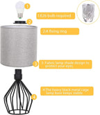 HAITRAL Farmhouse Table Lamp - Small Nightstand Lamp for Bedroom, Black Metal Cage Table Lamp for Living Room, Dorm, Office with Hollowed Out Base, Gray
