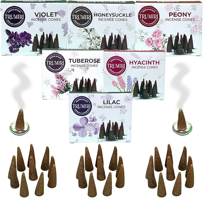 TRUMIRI Blossom Incense Cones - Variety Pack - Total 60 Cone Incense (6 Scents x 10 Conos) - Peony, Lilac, Violet, Honeysuckle, Hyacinth, Tuberose - Cone Incense Scents - Insense Cones - Incent Cone
