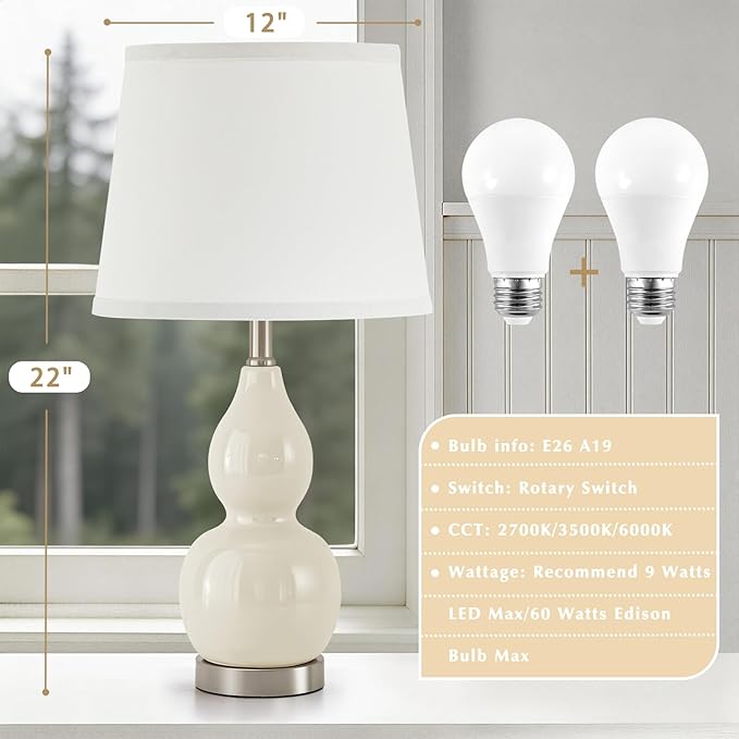 GyroVu 22" Table Lamp Set of 2, Color Temperature Adjustable Double Gourd Ceramic Lamps Classic Nightstand Table Lamps for Bedroom Beside Lamps for Living Room, Cream-Bulbs Included