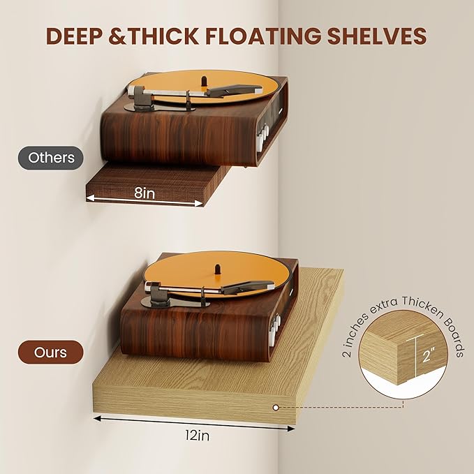 Vivelove 12 Inch Deep Floating Shelves 30 inch Long, 2 Inch Thick Wall Shelves with Invisible Brackets, Shelf for Bedroom Bathroom Living Room Kitchen Office Home Decor, Modern Shelf Set of 2, Oak