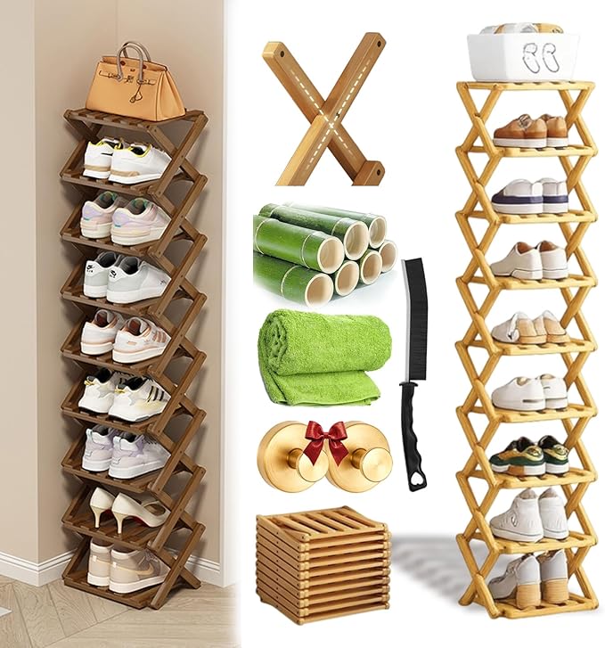 Foldable Shoe Rack, 2 - 9 Tier No-Tool Assembly Bamboo Organizer with Anti-Wobble X-Design for Small Spaces, Sturdy Vertical Storage Shelf for Entryway, Closet, Apartment & Dorm (Yellow,9 Layers)