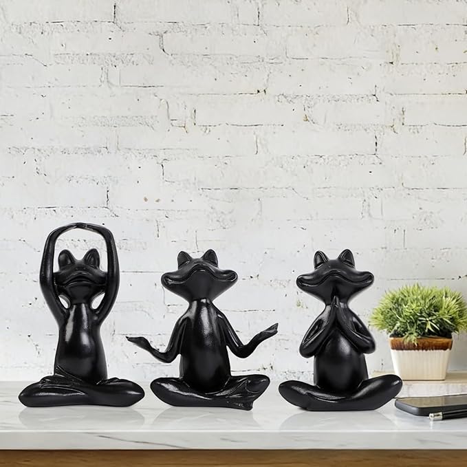 Suoedd Black Frog Figurines Yoga Decor Set of 3 –Frog Yoga Statues for Modern Living Room Table Office Bookshelf Shelves Home Sculptures Decor
