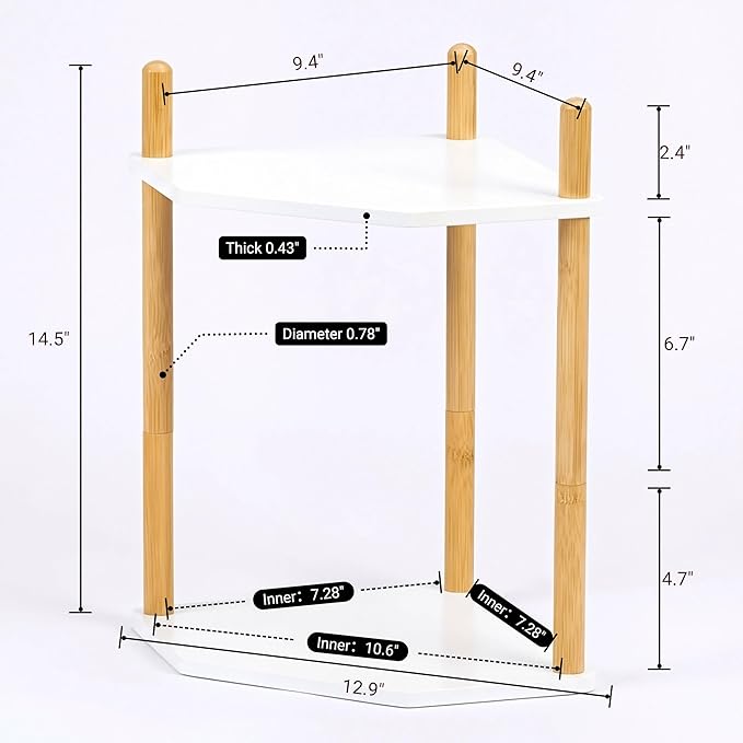 3-Tier Expandable Bamboo Corner Shelf - Dish/Plate Organizer for Cabinet, Kitchen Counter Shelf & Small Kitchen Shelf, Adjustable (11.4" H-White, 2-Tier)