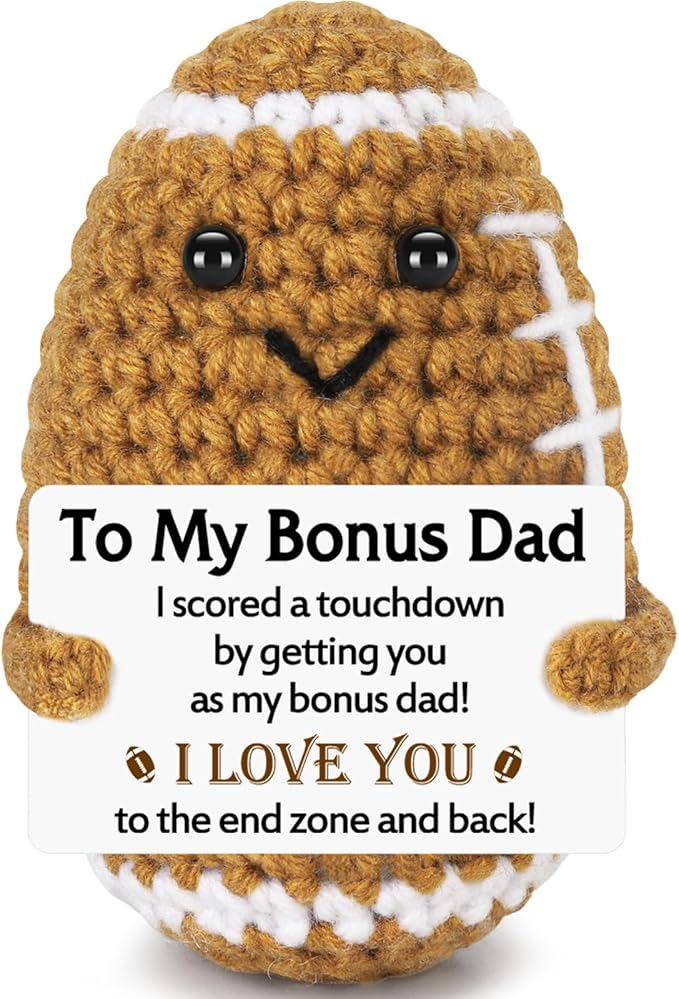 Bonus Dad Gifts from Son Daughter Wife, Positive Handmade Crochet Step Dad Father's Day Birthday Gifts, Funny Cute Small Gift for Dads, I Love You Papa Gift Idea, Unique Football Doll for Bonus-Dads