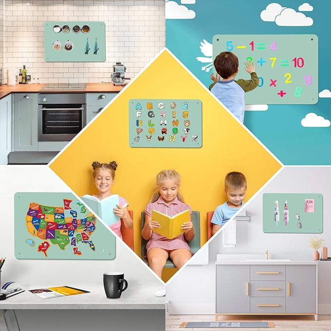 Green Magnetic Board,17.5" x 11.4" Magnet Bulletin Board to Display Magnetic Notes, Poetry, Photos, Suitable for Wall, Refrigerator, Cabinet etc, Come with 4 Pcs Dual Lock Tape and Screws