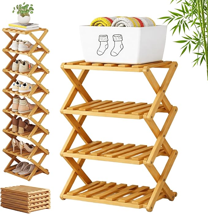 The 9-Tier No-Assembly Bamboo Rack, 3-9 Tiers Bamboo Shoe Rack, Foldable Bamboo Vertical Shoe Organizer, Multifunctional & Space-Saving, For Entryway, Closet, Corner, Bedroom, Hallway (Wood, 4Tiers)