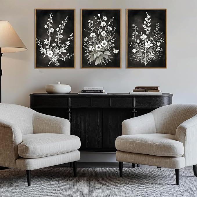 BINCUE Framed Black and White Floral Wall Art Set of 3 Botanical Wall Decor Flowers Paintings Botanical Art Prints White Floral Wall Pictures Black Artwork for Living Room Bedroom Office Farmhouse 16x24 Inches
