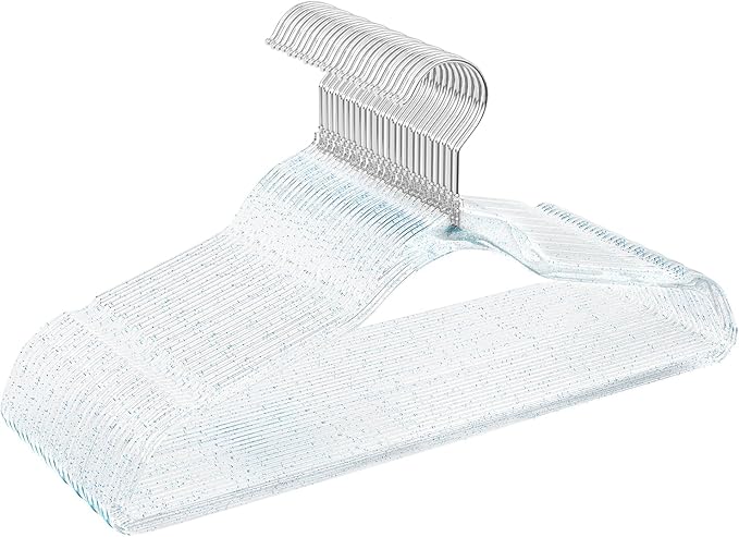 50 Pack Clear Plastic Hangers with Blue Glitter, Acrylic, Ultra Slim, Space Saving, for Coats, Pants, Suits, Shirts, Skirts, Dress Clothes