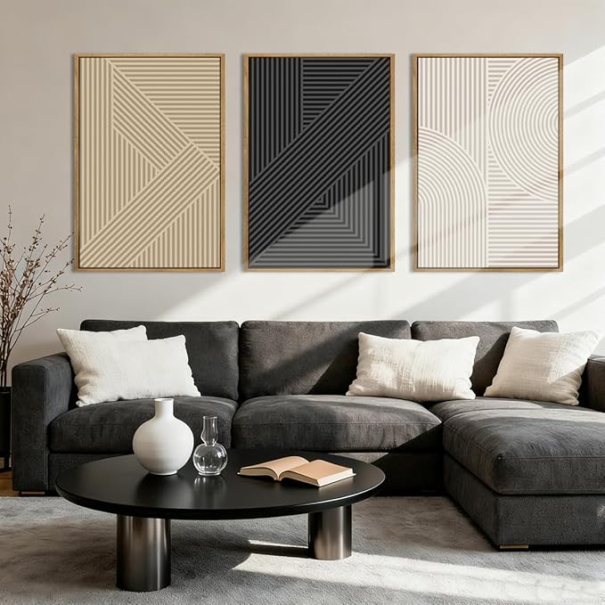 Large Neutral Abstract Wall Art Framed Mid Century Modern Canvas Paintings Artwork Geometric Wall Decor Modern Abstract Artwork Minimalist Art Prints Boho Home Decor for Living Room Bedroom Bathroom Office 36x24 Inch Set of 3