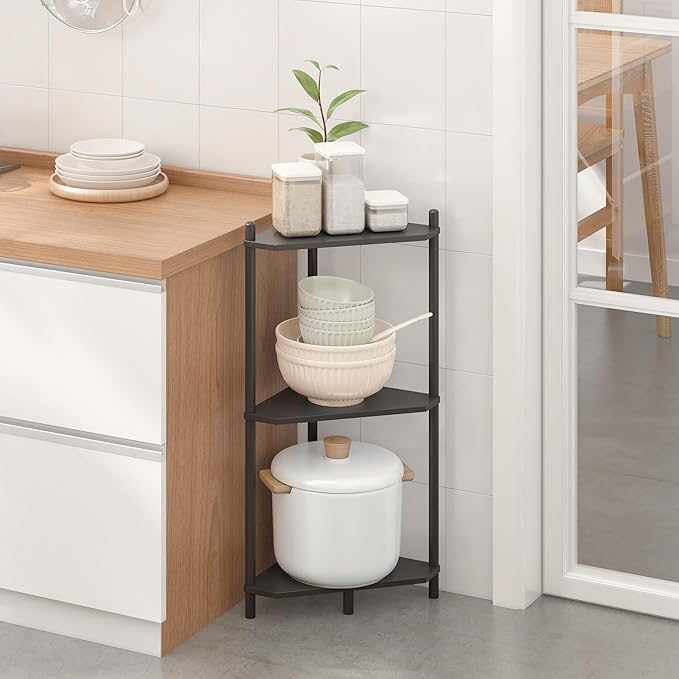 Wisuce Corner Shelf Stand - 3 Tier Bamboo Small Corner Bookshelf for Office Kitchen Bedroom Plant Stand Living Room Decor Small Space (Black)