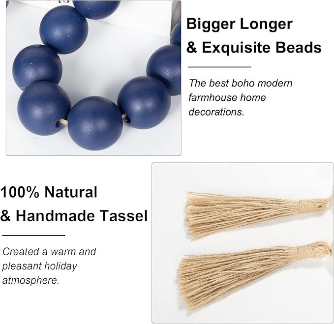 OMISHE 76" Long Extra Large Wood Bead Garland Navy Blue with 1.6" Diameter Wooden Beads and Tassels, Rustic Farmhouse Country Decorative Beads for Home Decor Tiered Tray Decor, Navy Blue