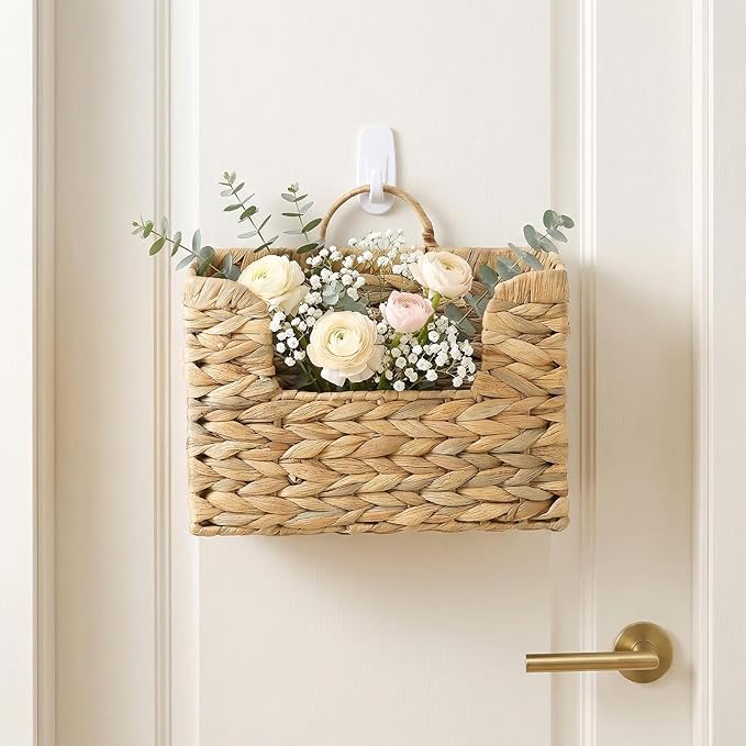 ZAVOOS Woven Hanging Magazine Holder, Water Hyacinth Storage Basket with Handle for Files, Books, Letters, Natural Wall Mounted Mail Organizer Rack for Office, Home, Farmhouse Decor