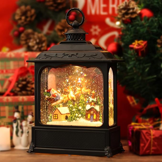 Christmas Snow Globe Swirling Glittering Santa Flying with Reindeer Scene with Timer & Music, Lighted Water Lantern USB Lined/Battery Operated for Christmas Festival Decoration Gifts