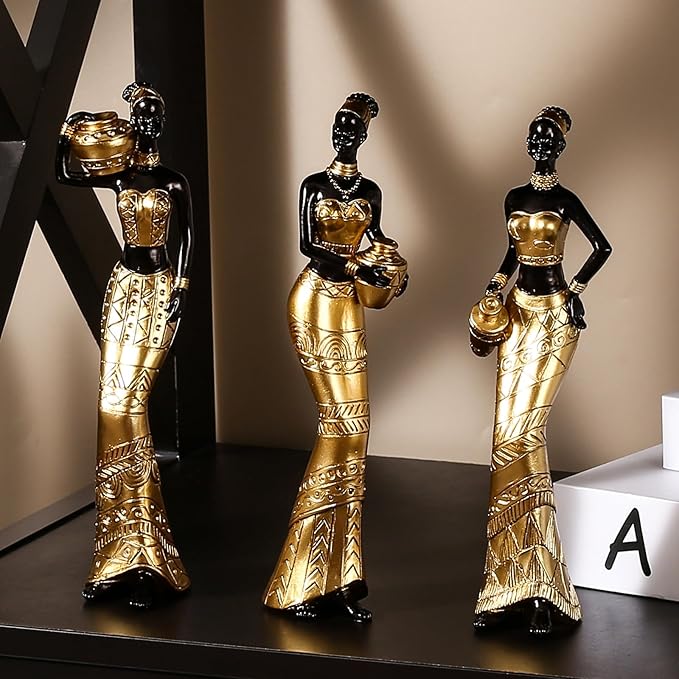 3 Pack African Art Sculptures- Vintage African Statues For Home Decor- Women's Tribal African American Figurines- Bookshelf, Office Decor- Deal For Birthday, Christmas, Thanksgiving, Mom Gifts-Gold