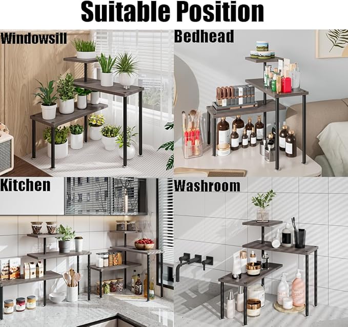 Countertop Organizer Organization 3 Tier Kitchen Corner Shelves Adjustable Spice Storage Rack for Bathroom Coffee Area Over Sink (Dark Gray Oak)