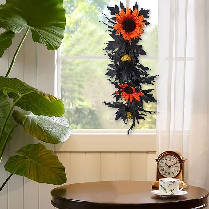 Artificial Rose Flower Swag,Artificial Sunflower Swag, 24 Inch Decorative Swag with Pumpkins Berries and Black Leaves for Halloween Home Front Door Lintel Wedding Arch Party Tabletop Wall Decor(#2)