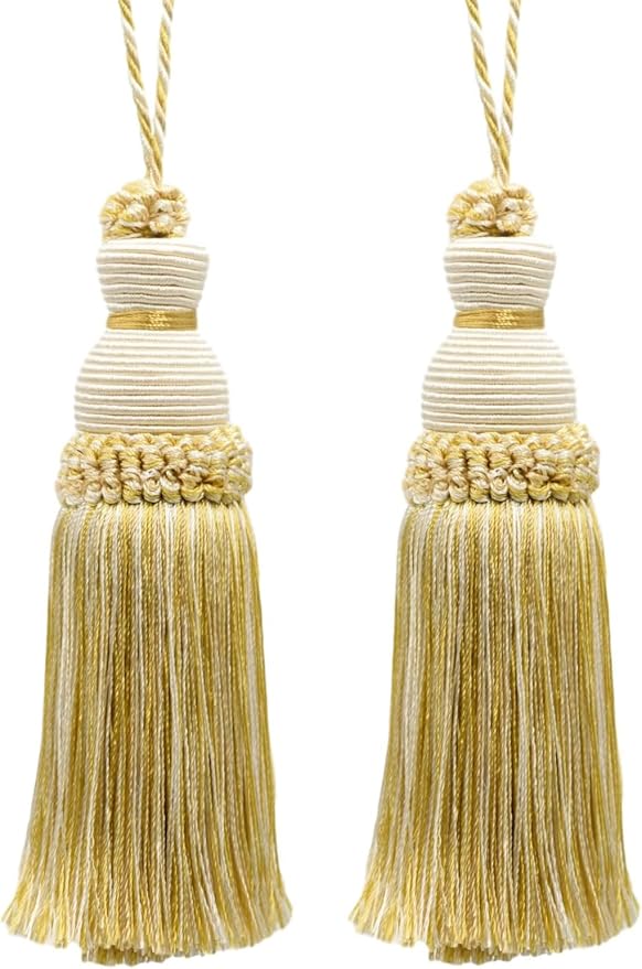 DÉCOPRO Beautiful Hand-Crafted 5" (12.5cm) Key Tassel, 3 1/2" (8.5cm) Loop # IKTJ, Ivory Beige Gold #2523 (Yellow Gold, White Ivory, Light Beige) Set of 2