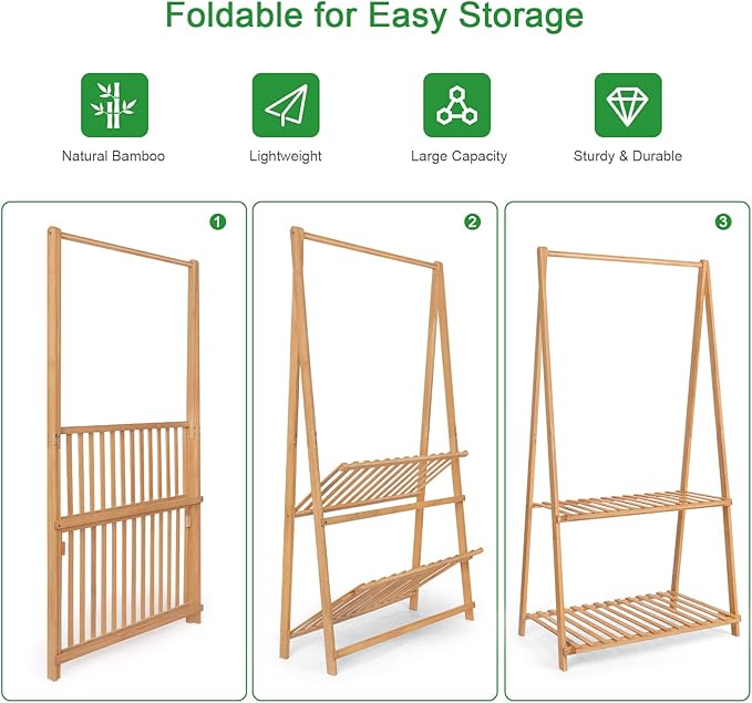 Small Clothes Rack Kids Dress Up Storage for Playroom, Toddlers Bedroom, Bamboo Child Garment Rack with 2 Tier Storage Shelf, Kids Clothing Rack Costumes Organizer