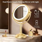 VESAUR 8.5'' Large Gold Lighted Makeup Mirror, 1X/10X Clear Seamless Magnifying Mirror, Bright Vanity Mirror with 3 Colors Dimmable Lights, Two-Sided 360°Rotation Stable Base, Luxury Nickel, Gift Box