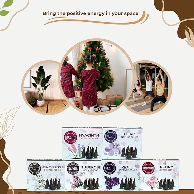 TRUMIRI Blossom Incense Cones - Variety Pack - Total 60 Cone Incense (6 Scents x 10 Conos) - Peony, Lilac, Violet, Honeysuckle, Hyacinth, Tuberose - Cone Incense Scents - Insense Cones - Incent Cone