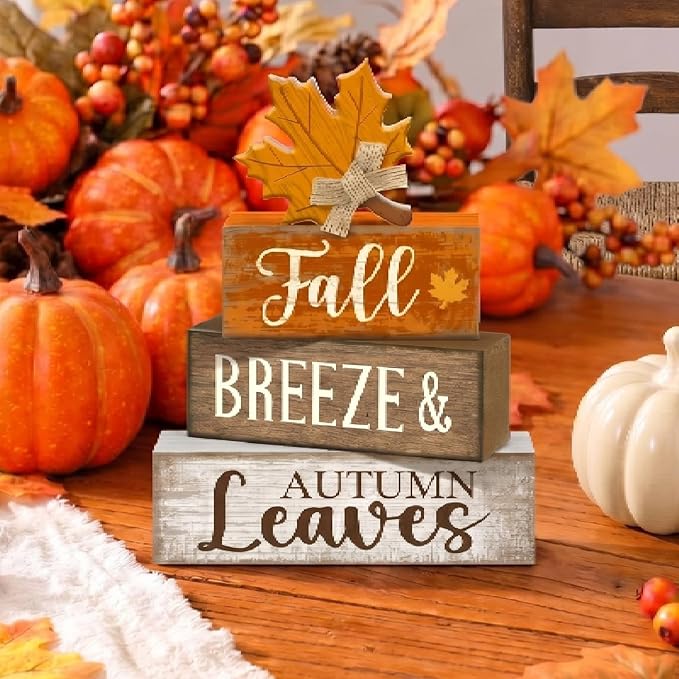 Lineshading 4 Pcs Fall Decoration for Home Wooden Maple Leaf Thanksgiving Table Centerpiece Rustic Thanksgiving Tiered Tray Decor Decorative Autumn Leaves Block Sign Farmhouse Autumn Decor for Kitchen