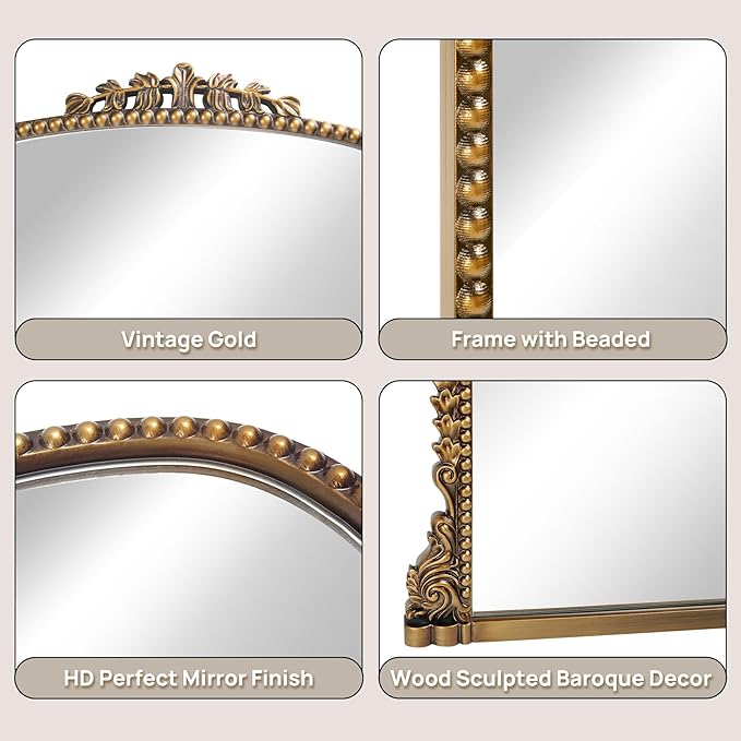 Vintage Baroque Arched Mirror - Traditional Ornate Antique Brass Wood Frame - 24"X32" - Perfect for Entryway, Fireplace, Living Room, Hallway, Bathroom