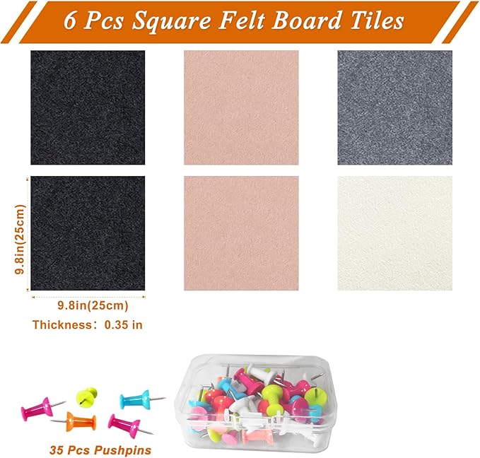Square Felt Cork Bulletin Board Tiles, Self Adhesive DIY Felt Pin Board for Wall 30" x 20" with 35 Pushpins for Office School Home Wall Decor Stickers Memos Photos Display (Camel & Grey)