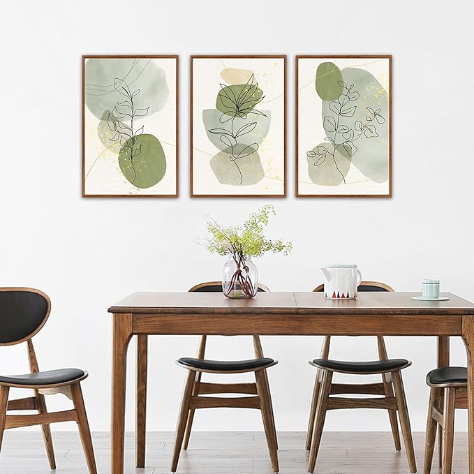 KAlRNE Boho Botanical Framed Canvas Wall Art Set of 3(16”X24”),Abstract Sage Green Wall Decor,Minimalist Watercolor Picture,Modern Geometric Black Line Art Prints For Living Room Bedroom Office