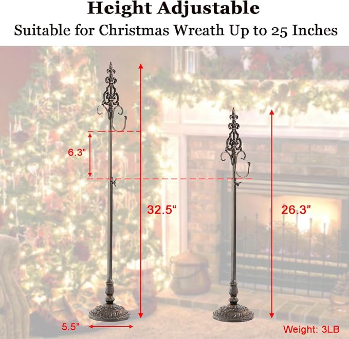 Wreath Stands for Display, Metal Wreath Holder Stand, Standing Wreath Hanger with Wrought Iron Base, Adjustable Tabletop Display Stand for Christmas and New Year Wreath, Wedding Party Decor