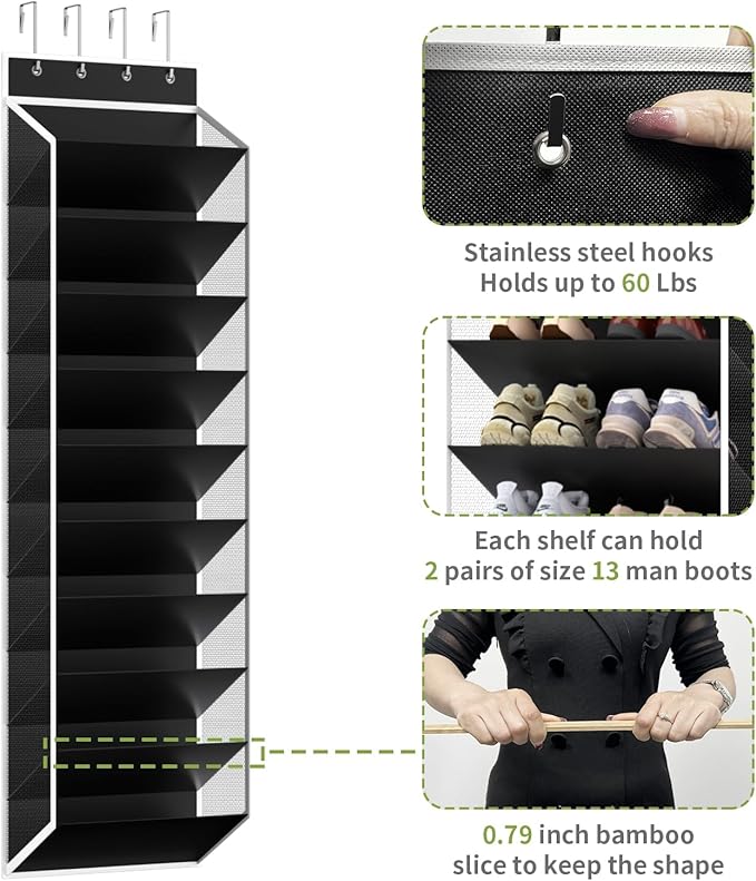 KEEPJOY 10 Tiers Mesh Over Door Shoe Organizer Storage, Hanging Shoe Holder for Door with Large Deep Pockets, Fit 20-30 Pairs Shoe Rack for Sneakers, Boots.(Black)