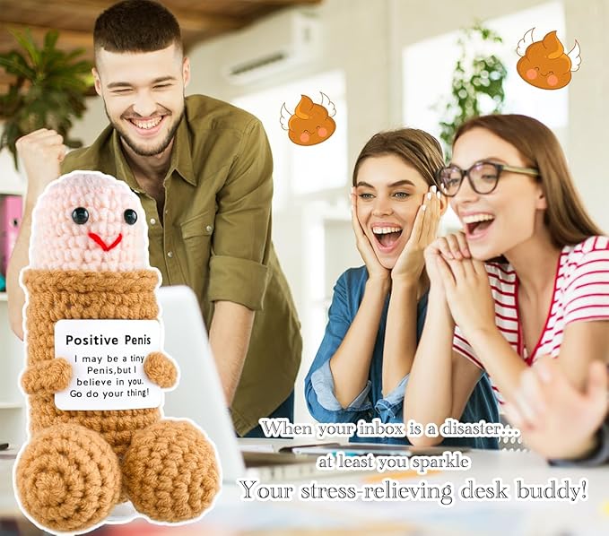 Handmade Positive Crochet Gift with Emotional Support Message Card for Men Women Coworkers,Funny Office Home Desk Decor (Brown Doll Without Glasses)