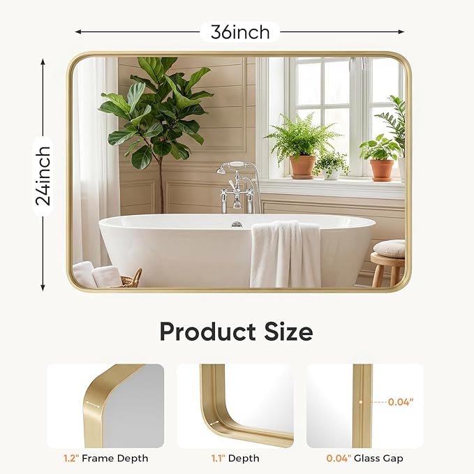 Sweetcrispy Bathroom Wall Mirror, 36x24 Inch Wall Mount Mirror for Over Sink, Modern Rounded Rectangle Vanity Mirrors with Matte Metal Framed, for Home Decor, Living Room, Bedroom, Gold