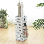 Tudomro Umbrella Stands for Entryway Large Metal Umbrella Holder 6.3 x 5.5 x 16.5 Inches with Removable Water Tray and Hooks Decor Freestanding Rectangular Storage Hollow Rack for Home Office (White)
