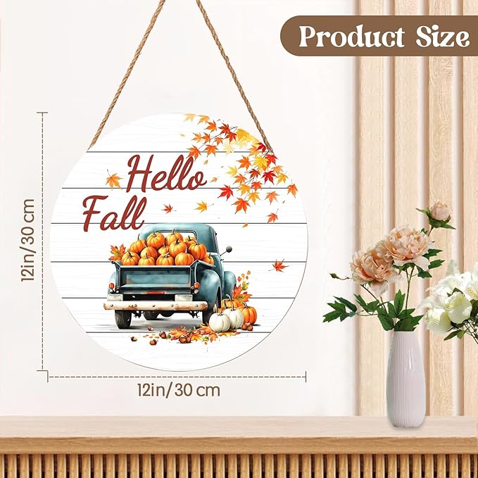 Hello Fall Wreath for Front Door Fall Truck Welcome Door Sign 12x12 Inch Autumn Maple Leaf Pumpkin Wood Door Hanger Farmhouse Thanksgiving Hanging Plaque for Home Porch Wall Indoor Outdoor Decorations