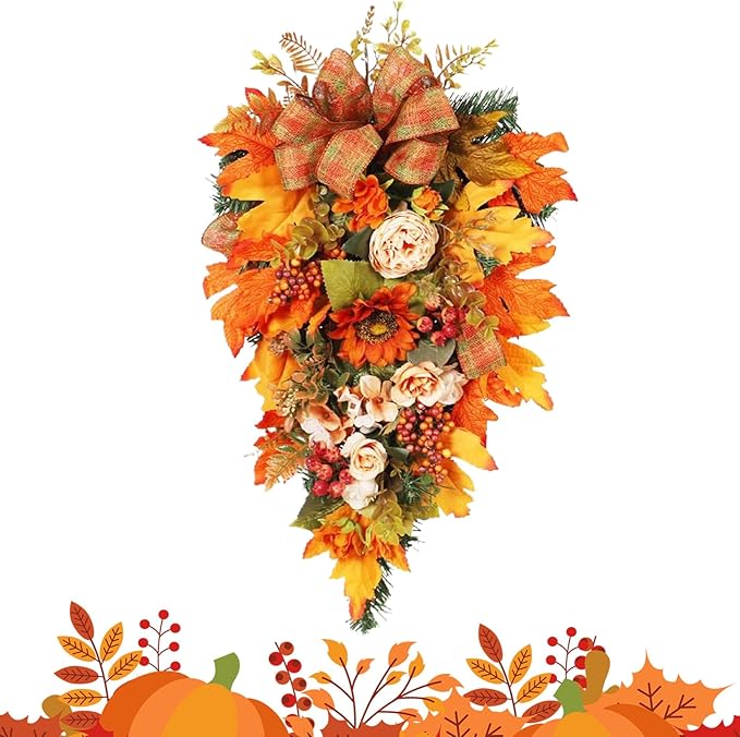 Fall Teardrop Swag - 19.69x12.6 Inches Handmade Flower Maple Berry Wreath for Harvest Festival, Holiday Decorators with Autumn Colors, Artificial Wreath for Apartment, Coffee Shop, Ready to