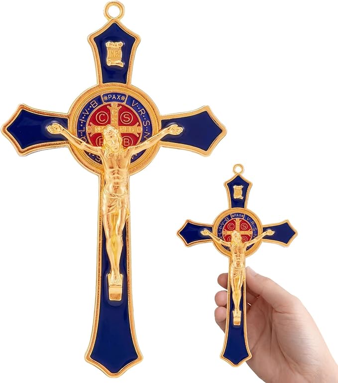TALPGOD St Benedict Crucifix Blue 7 Inch,Crucifix Wall Cross for Catholic Decor,Jesus Christ Hanging Cross Wall Art Decor,Escapularios Catolicos,Saint Benedict Medal for Home Decoration
