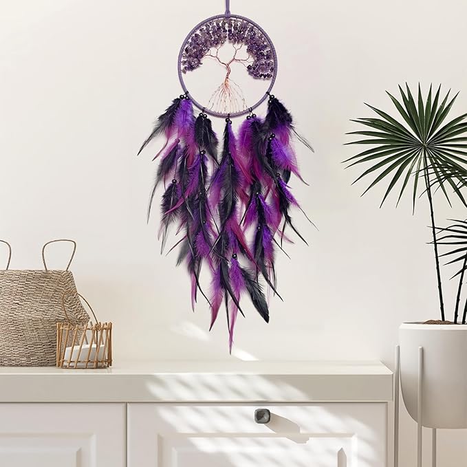 Black and Purple Dream Catcher Wall Decor Crystal Tree of Life Dream Catchers Handmade Feather Dreamcatcher Wall Hanging Ornament for Bedroom Living Room Home Decor